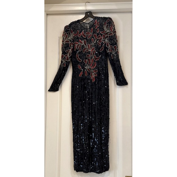 VTG 90s Niteline Dress Women Sz 6 Black Silk All Sequin Floral Beaded Maxi Gown - Picture 6 of 14